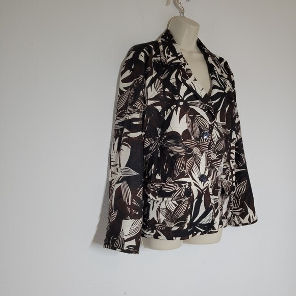 Chicos 3 Womens 100% Silk Blazer Jacket Brown Palm Leaves XL - Picture 2 of 8